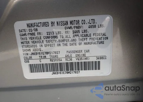 2008 Infiniti G35 Journey z USA, uszkodzony, nr VIN JNKBV61E78M217927
